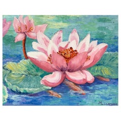 Vintage Bright & Colorful French Impressionist Oil Painting, Pink Lillies
