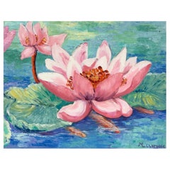 Pittura ad olio impressionista francese luminosa e colorata, The Lilly rosa