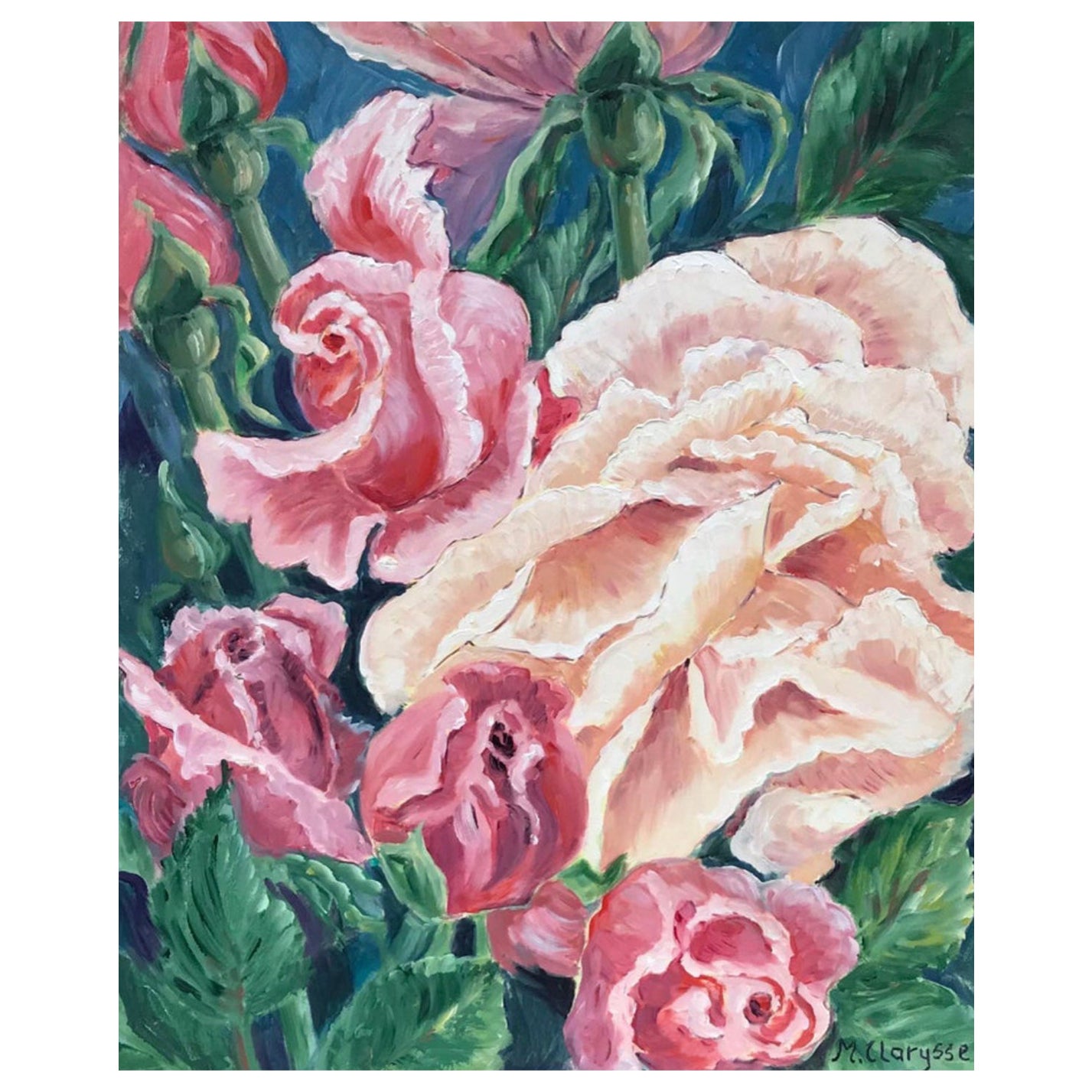 Eine Fülle von rosa und cremefarbenen Rosen, helles und farbenfrohes französisches impressionistisches Ölgemälde im Angebot