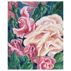 Vintage Profusion of Pink & Cream Roses, Bright & Colorful French Impressionist Oil