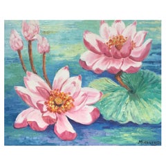 Vintage Bright and Colourful Vibrant Pink Lillies on Lily Pad