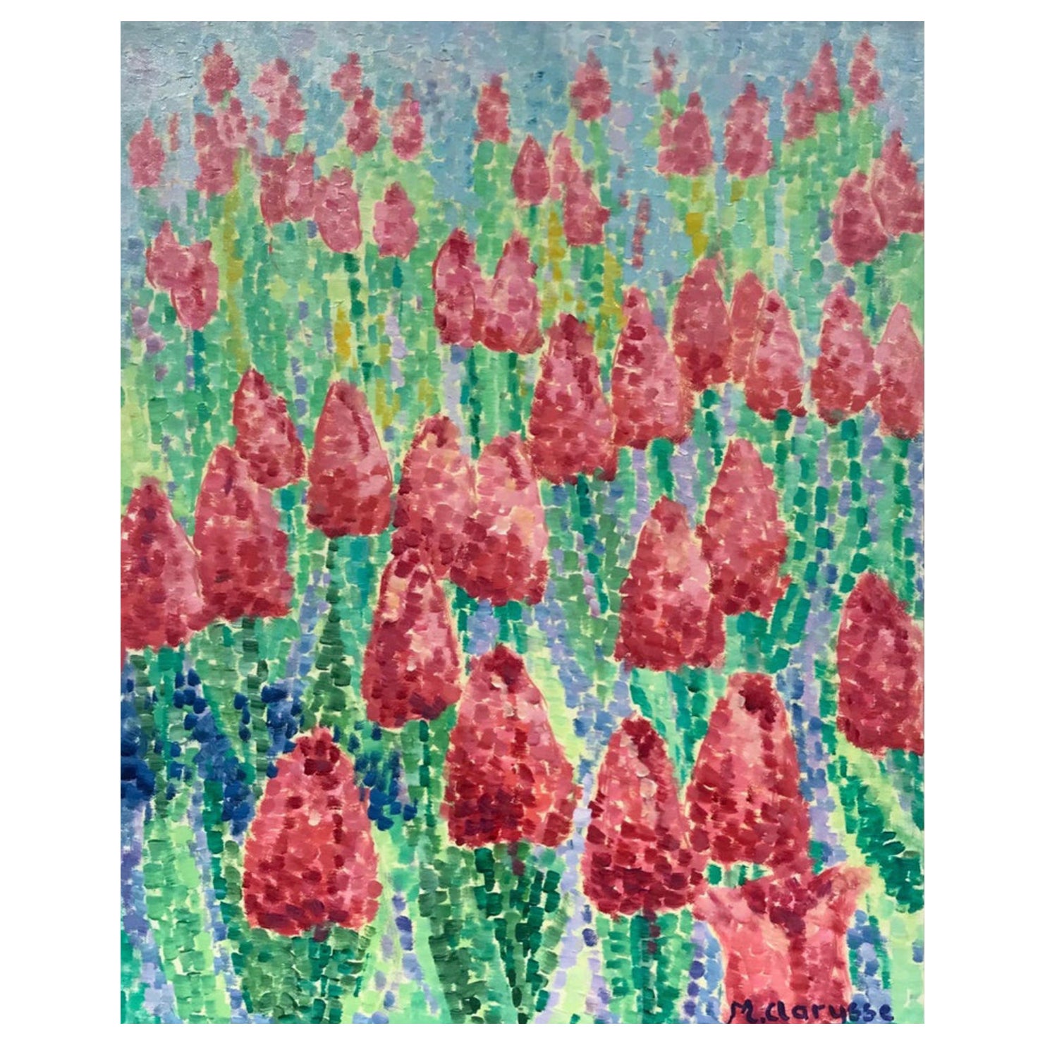 Leuchtend und farbenfrohes französisches pointillistisches Ölgemälde - Feld mit rosa Tulpen im Angebot