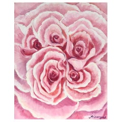 Peinture à l'huile impressionniste française - Profusion de roses vives et colorées