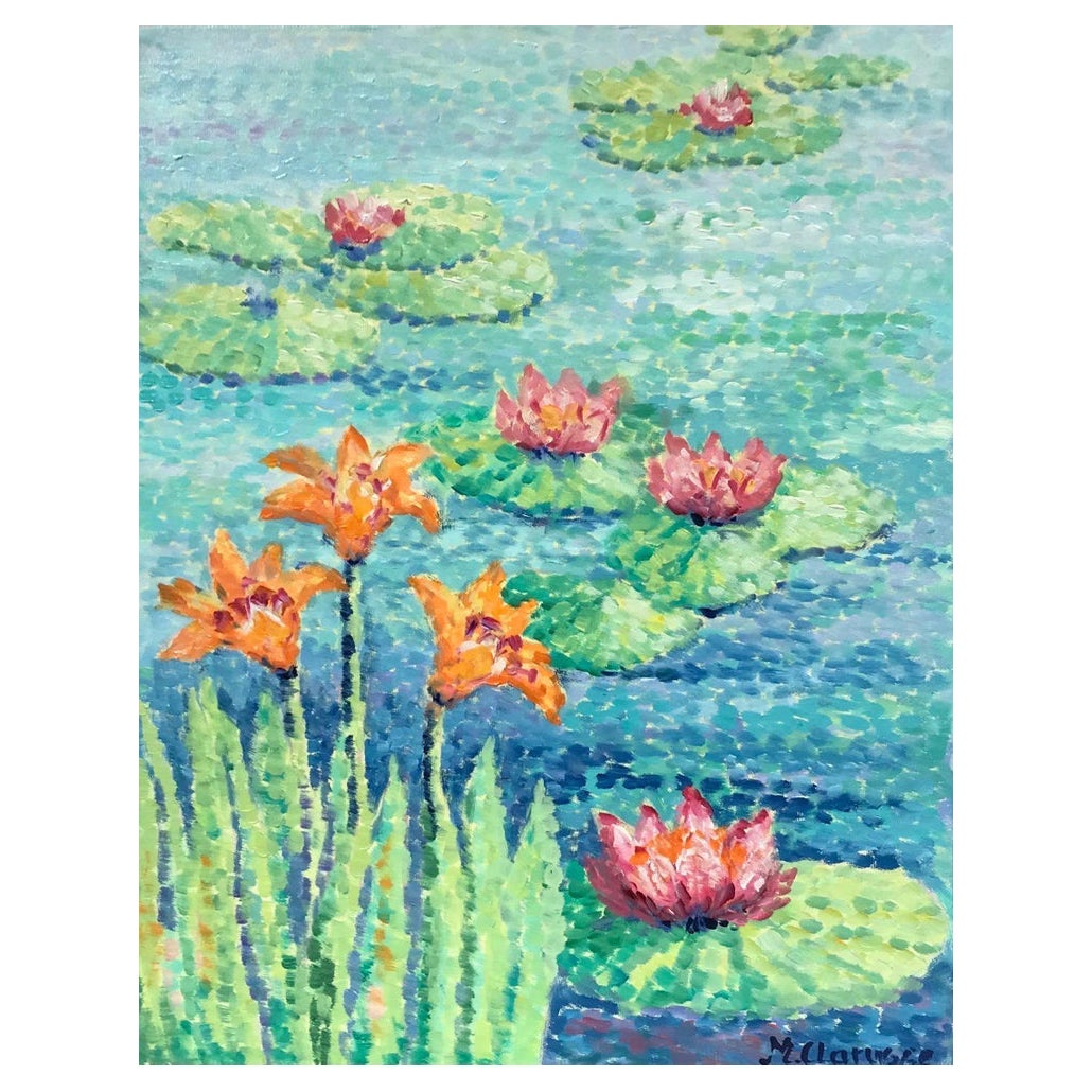 Waterlily Pond, Bright & Colorful French Pointillist Oil Painting For Sale