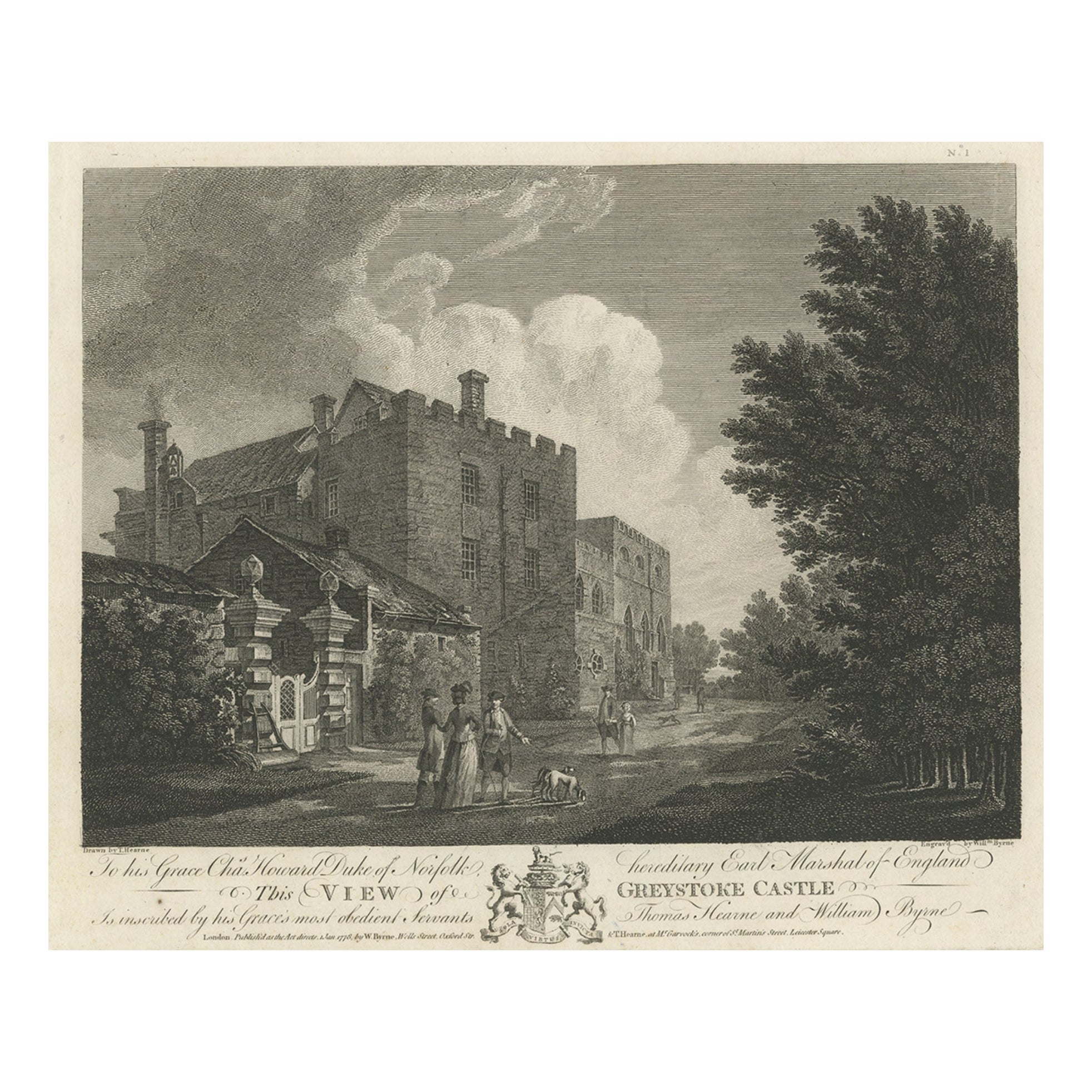 Old Print of Greystoke Castle, near Penrith in the County of Cumbria, England For Sale