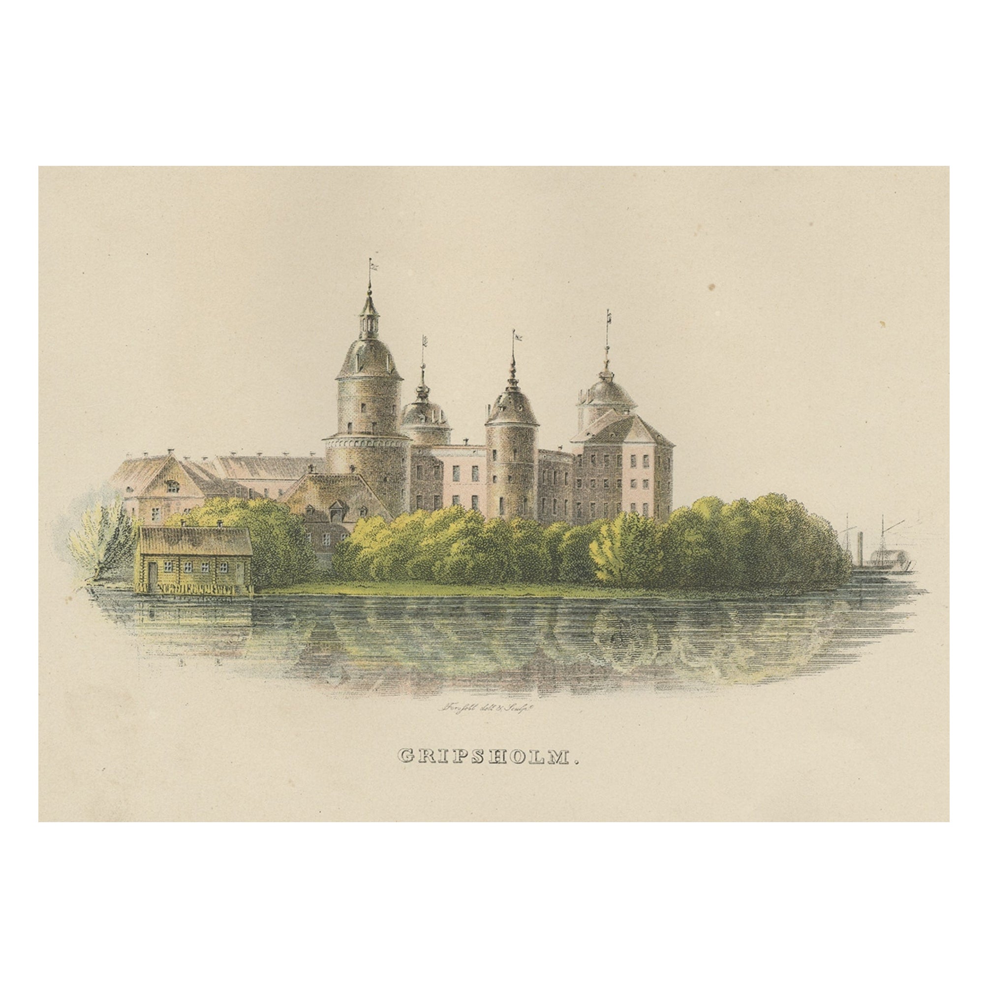 Stampa antica del Castello di Gripsholm a Stoccolma, Svezia, 1864 ca.