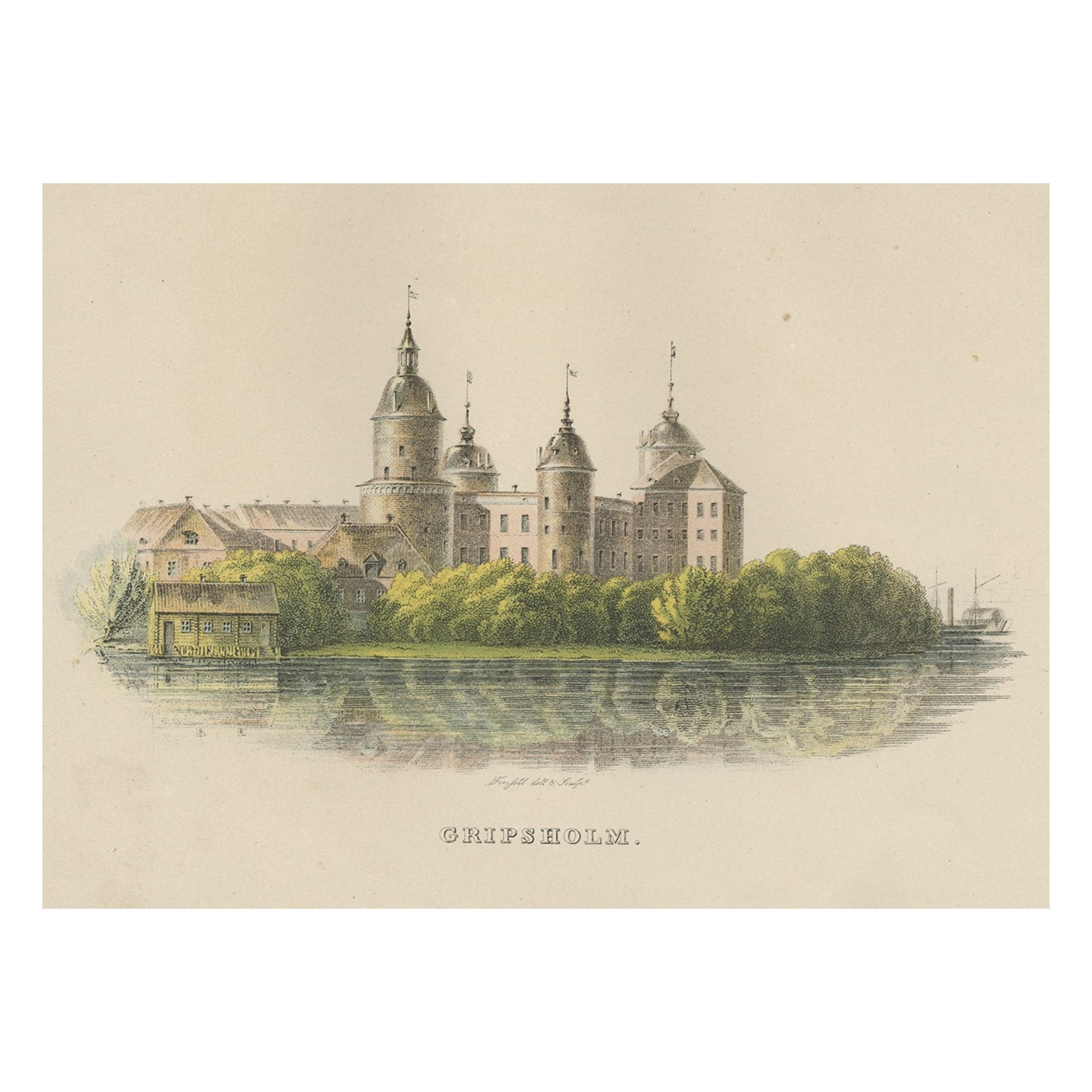 Antique Print of Gripsholm Castle in Stockholm, Sweden, c.1864 For Sale