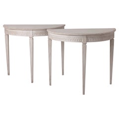 19th c. Pair of Swedish Gustavian Style Painted Demi-lune Console Tables