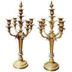 Pair of Louis XVI Style Bronze Candelabra with Flame Finial