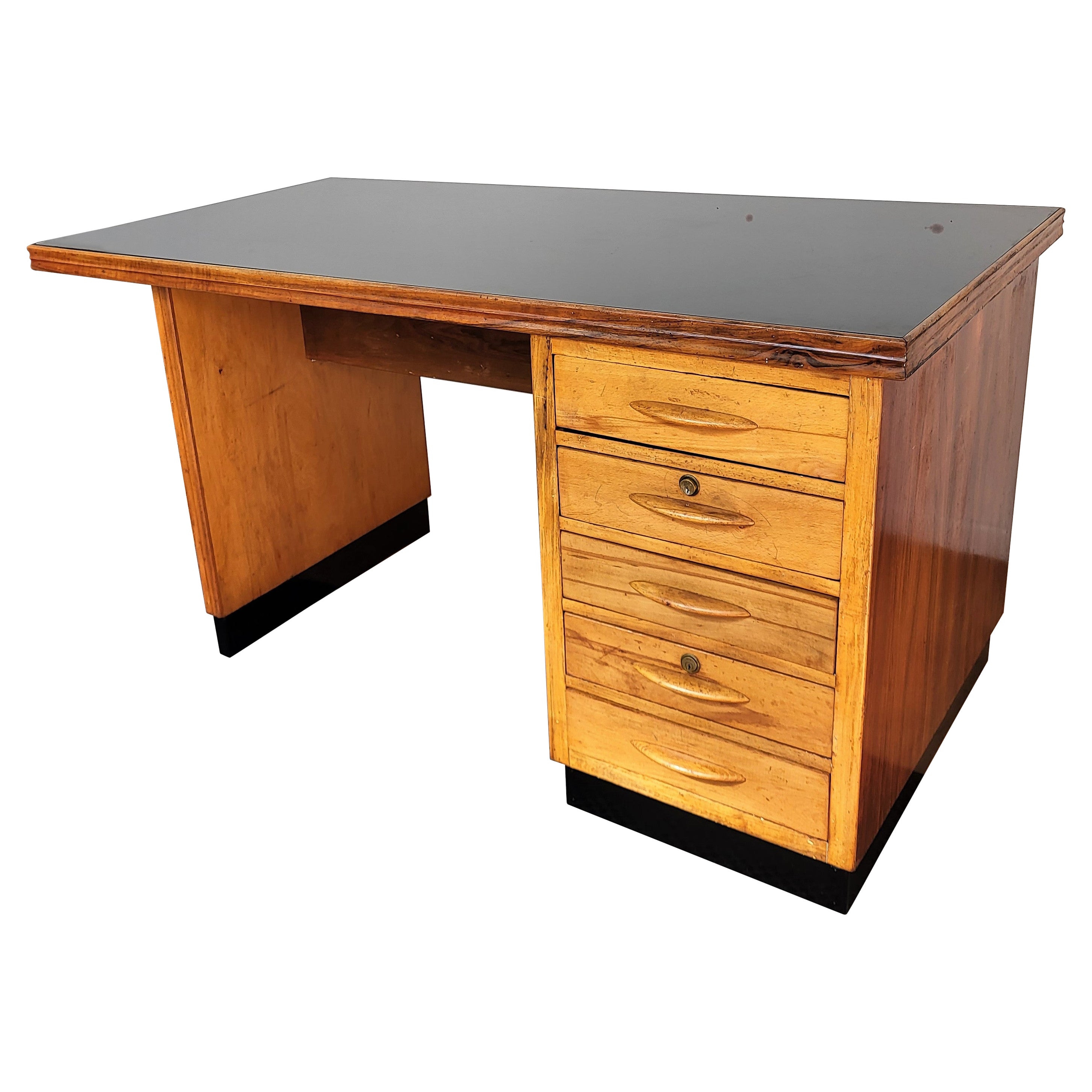 1960s Italian Art Deco Midcentury Walnut Brass Desk Writing Table