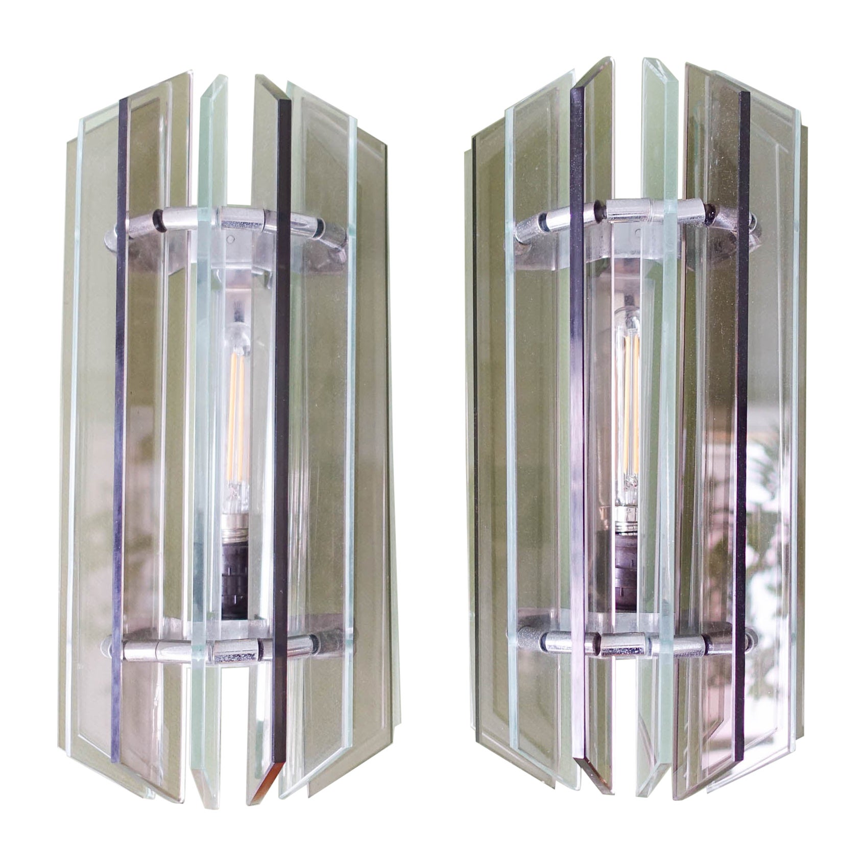 Pair of Italian Smoked and Clear Glass Sconces in the style of Veca, 1970s For Sale