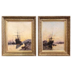 Vintage Pair of 19th Century Sailboat Oil Paintings Signed A Michel for E. Galien-Laloue