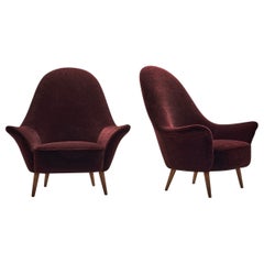 Retro French Lounge Chairs In Aubergine Coloured Mohair, France ca 1960s