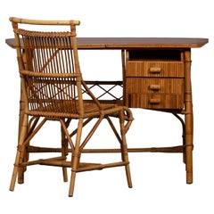 Retro Rattan Desk Table and Chair by Louis Sognot, circa 1950s