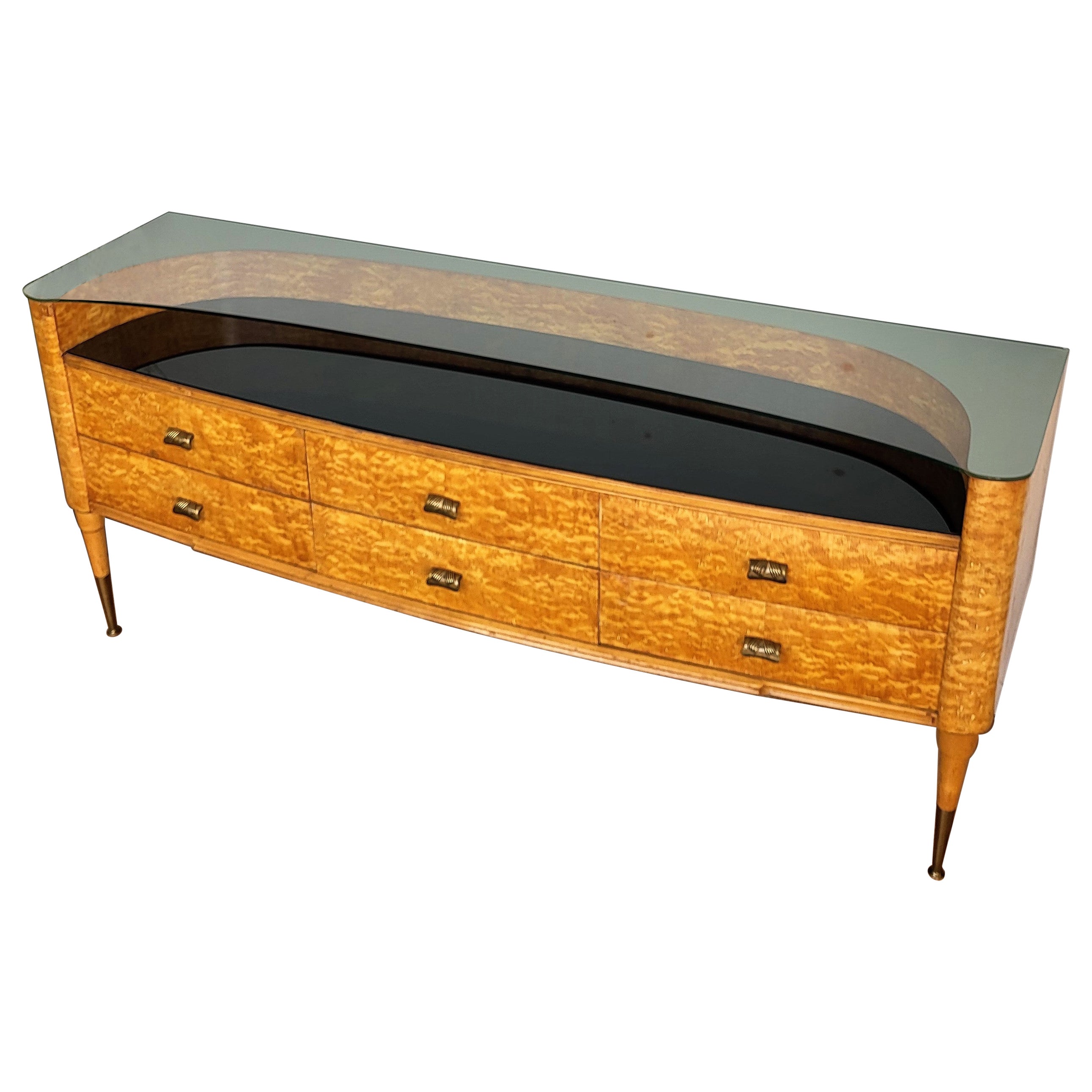 Italienische Anrichte/ Sideboard aus Holz, Glas und Messing, Art déco, Mid-Century Modern, 1950er Jahre im Angebot