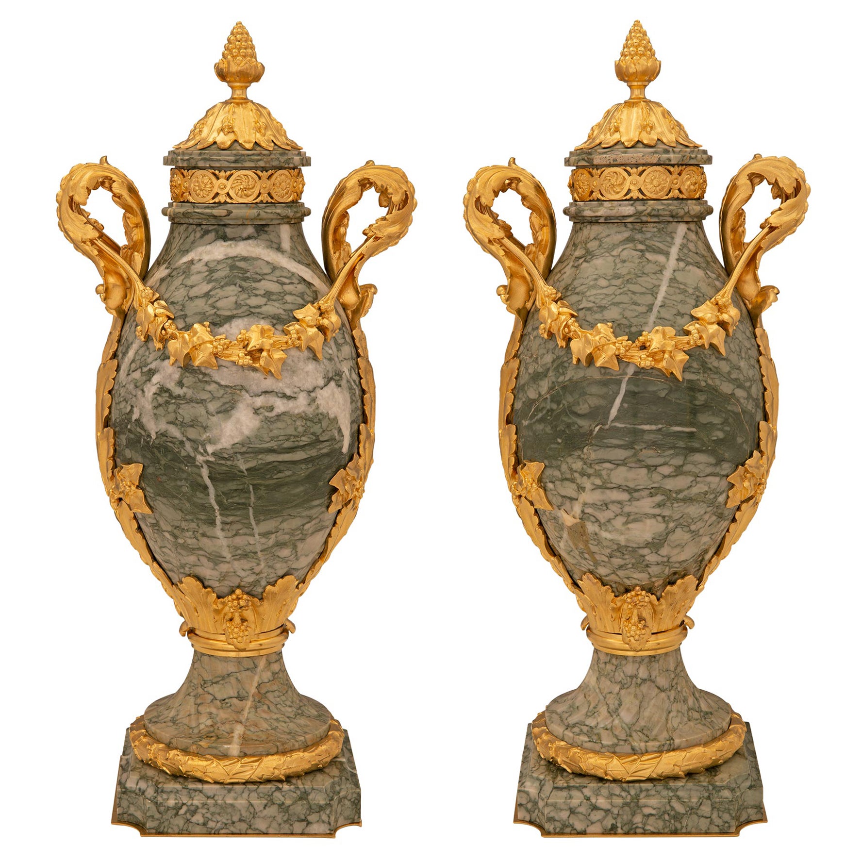 Pair Of French 19th Century Louis XVI St. Vert Campan Marble And Ormolu Urns For Sale