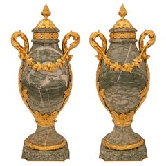 Pair Of French 19th Century Louis XVI St. Vert Campan Marble And Ormolu Urns