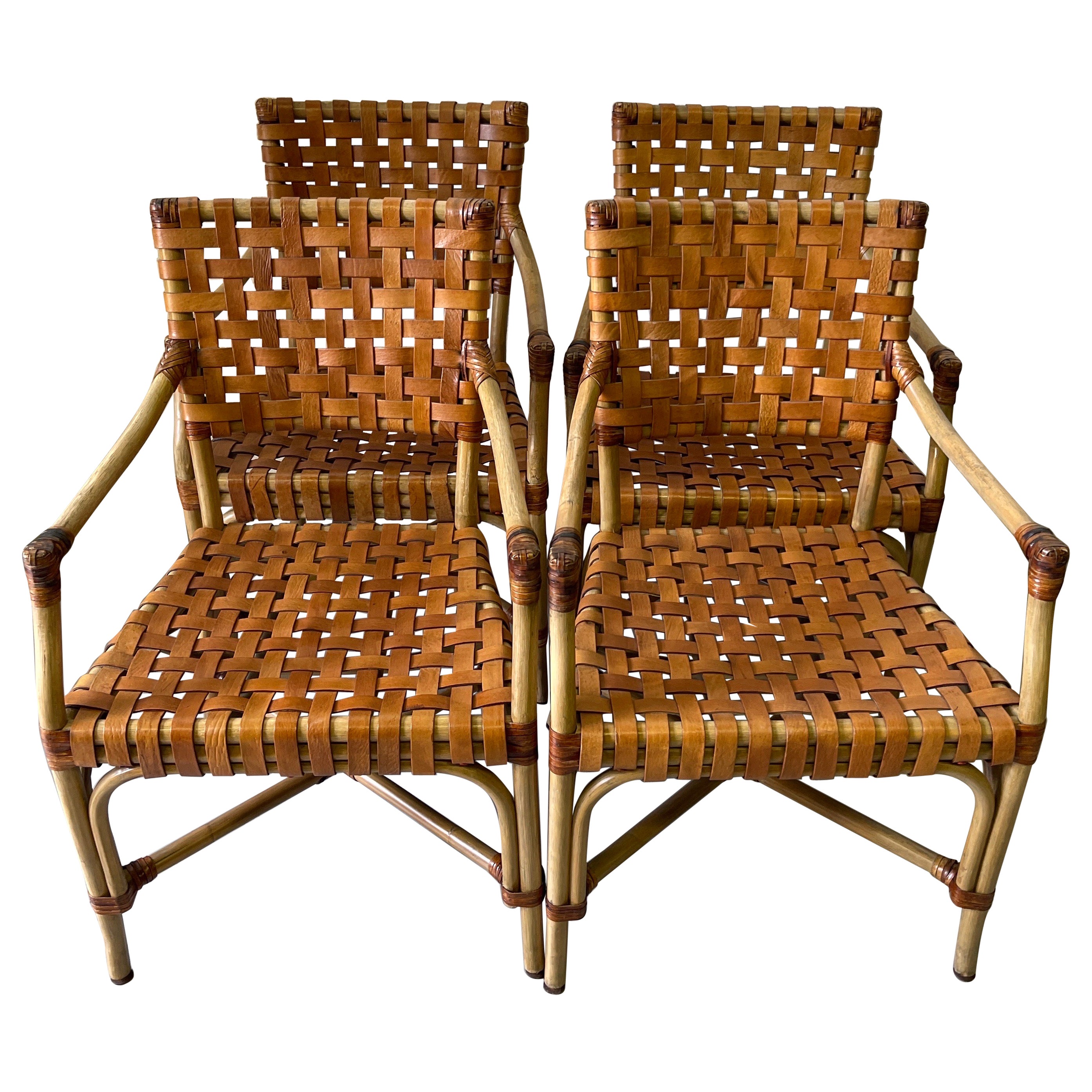 4 French Modern Bleached Bamboo & Woven Saddle Leather Armchairs For Sale