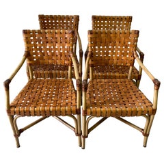 4 French Modern Bleached Bamboo & Woven Saddle Leather Armchairs