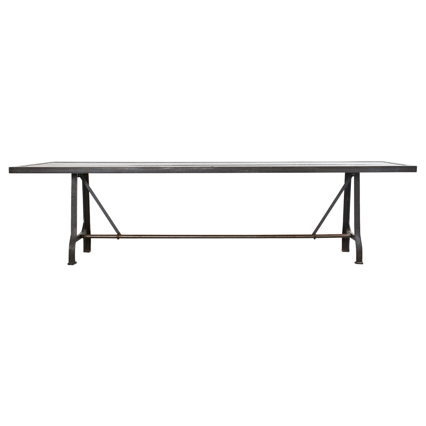 Industrial Style Cast Iron Plank Top Trestle Dining Table 