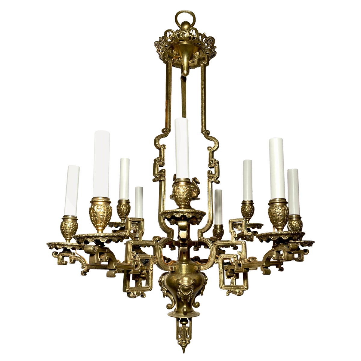 Antique French Gold Bronze 10 Light Chandelier, Circa 1890 For Sale