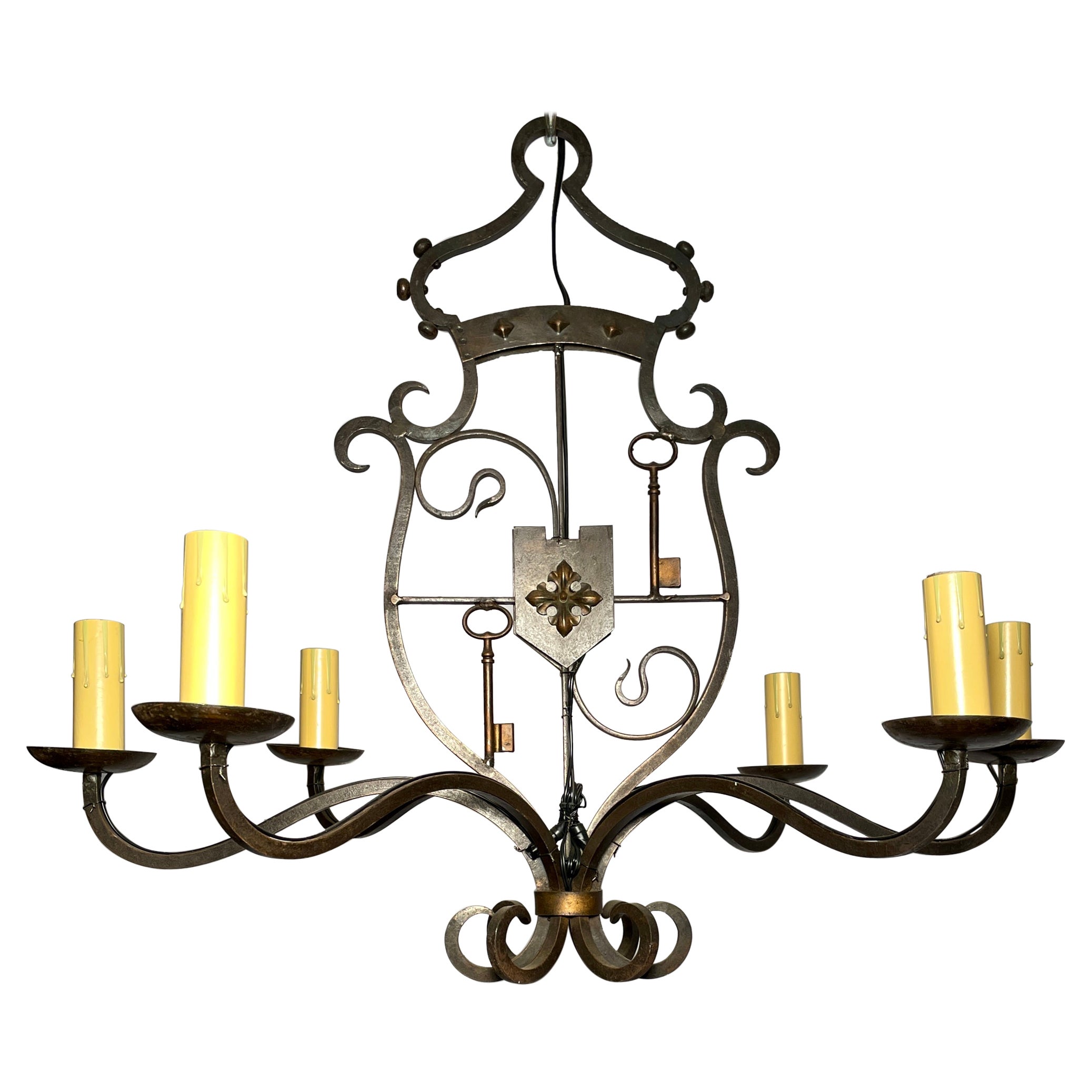 Antique French 19th Century Iron Coat of Arms Chandelier, Circa 1880 For Sale