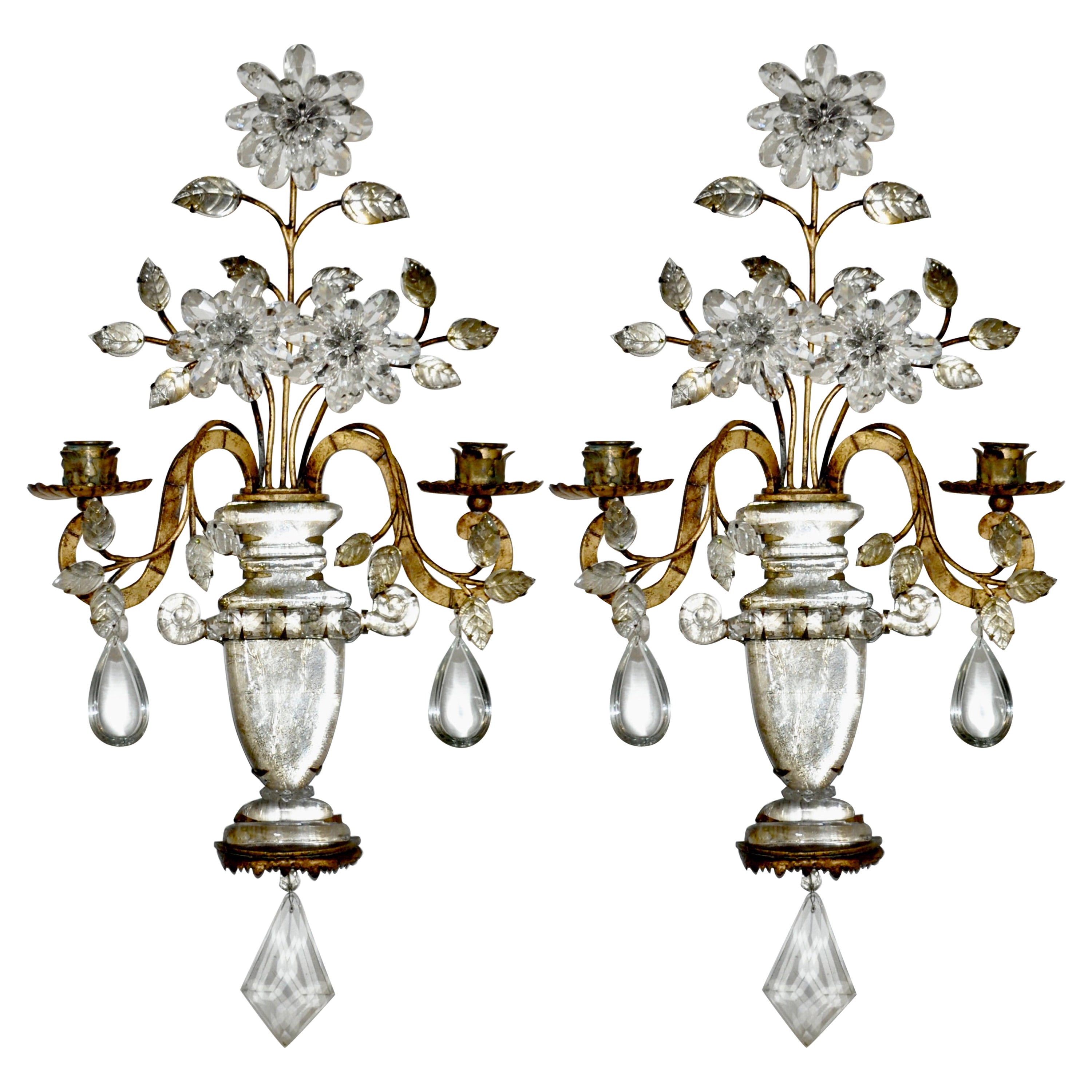 Pair of Early 20th Century Maison Bagues Bronze and Crystal Sconces