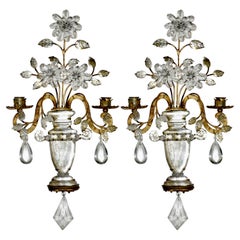 Antique Pair of Early 20th Century Maison Bagues Bronze and Crystal Sconces