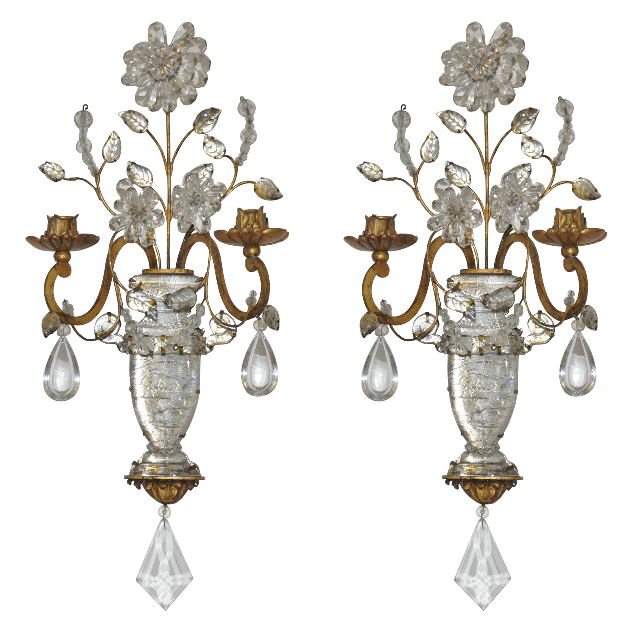 Pair of Early 20th Century Maison Bagues Bronze and Crystal Sconces For Sale