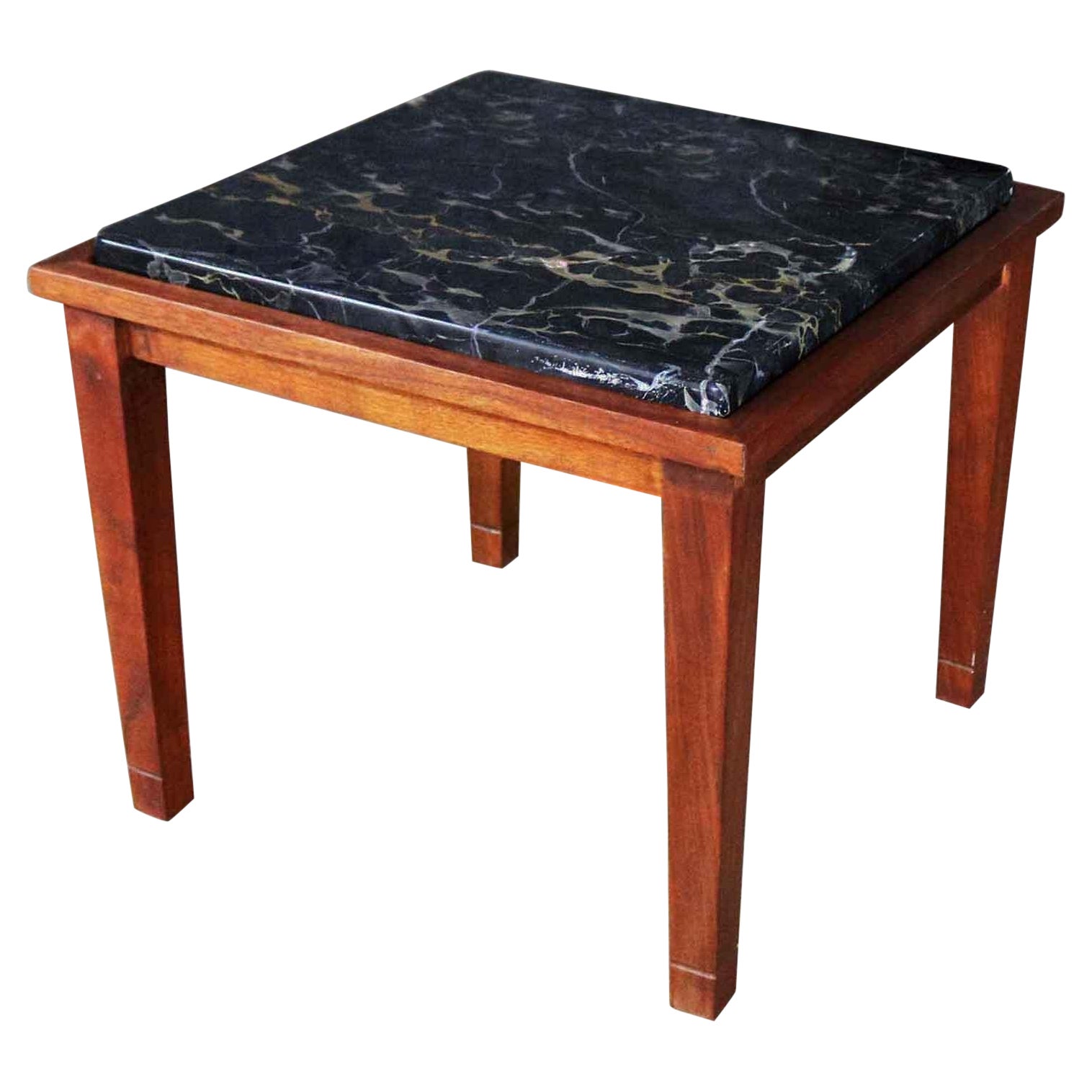 Table d'appoint ou d'extrémité carrée vintage en noyer et marbre noir de style mi-siècle moderne en vente