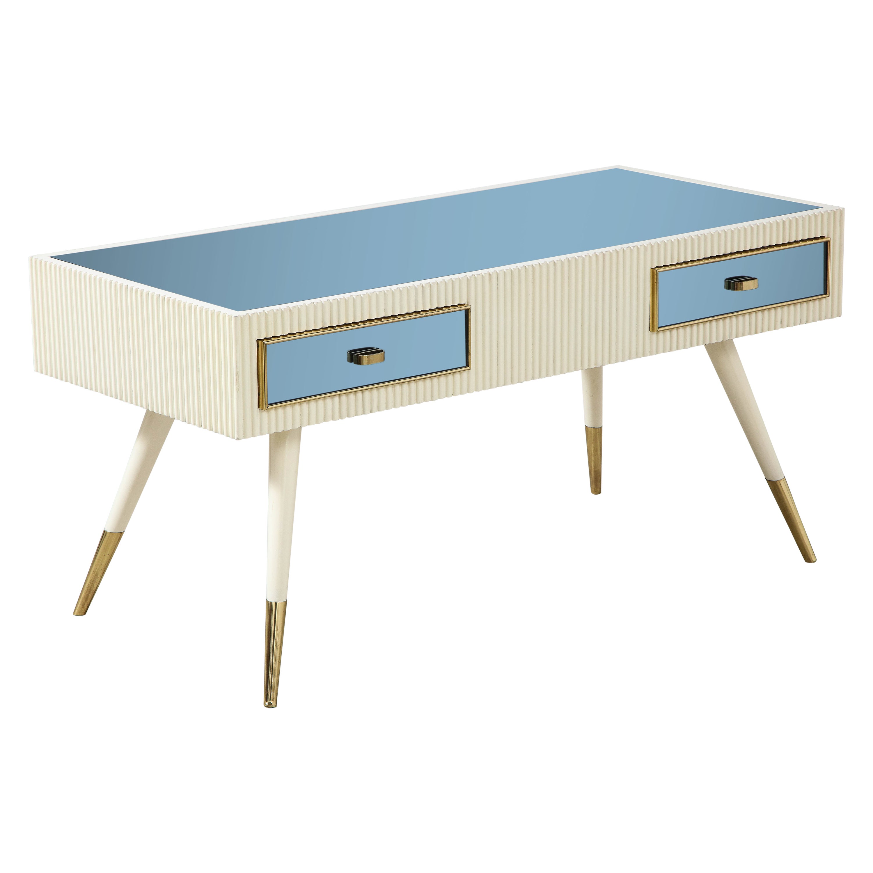 Italian 1950's Blue Glass and Painted Coffee Table with Brass Detail For Sale