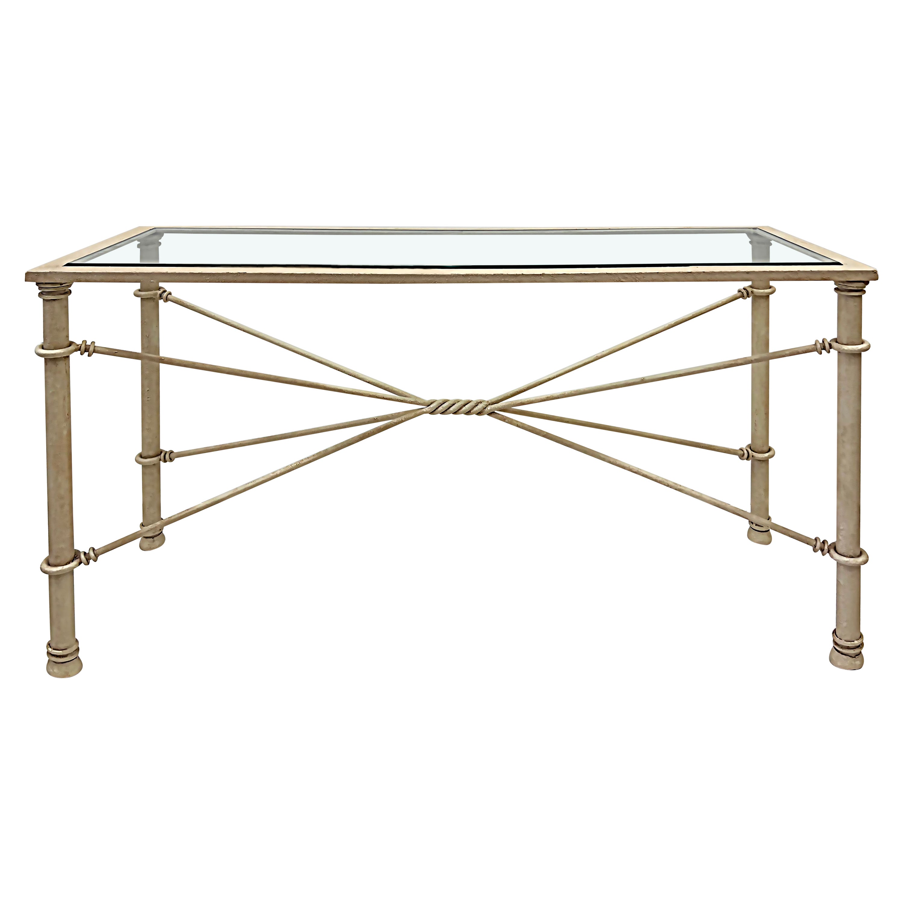 Table console brutaliste en fer forgé avec verre biseauté