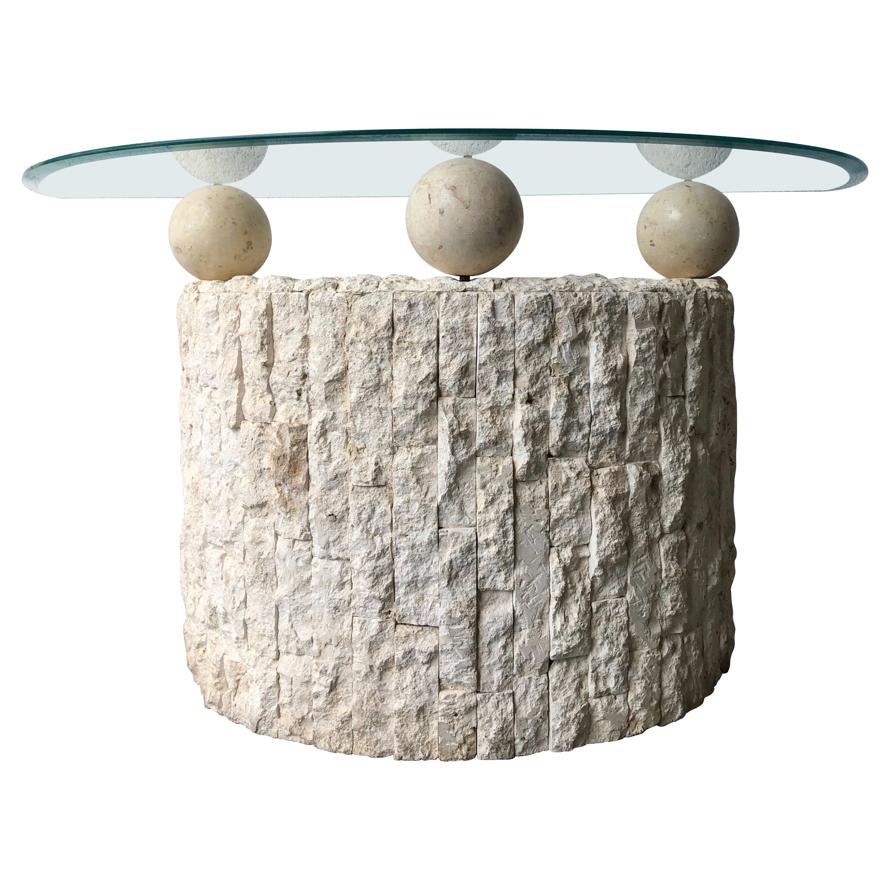 1980s Postmodern Natural Mactan Stone Rounded Entry Console /Sofa Table For Sale