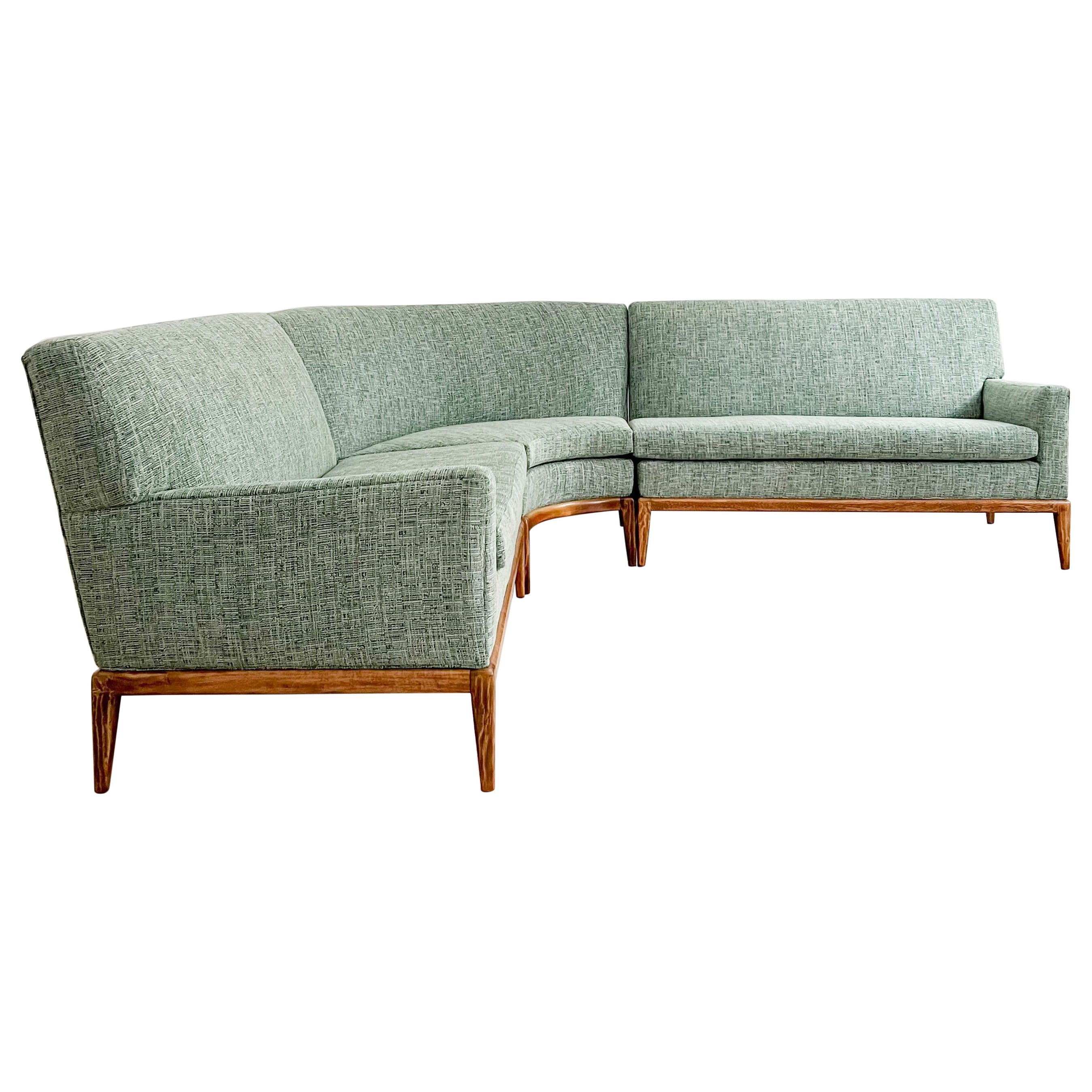 Mid-Century 3 Part Curved Sectional Sofa, New Light Teal Upholstery, Wood Base