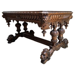 Antique 19th Century French Carved Lion Library Table Desk Renaissance Gothic Large Oak