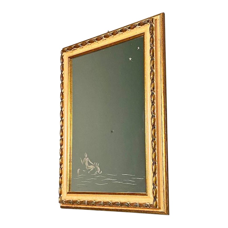 Italienischer rechteckiger italienischer Spiegel aus der Mitte des Jahrhunderts mit Linienzeichnung, Gio Ponti-Stil, 1940