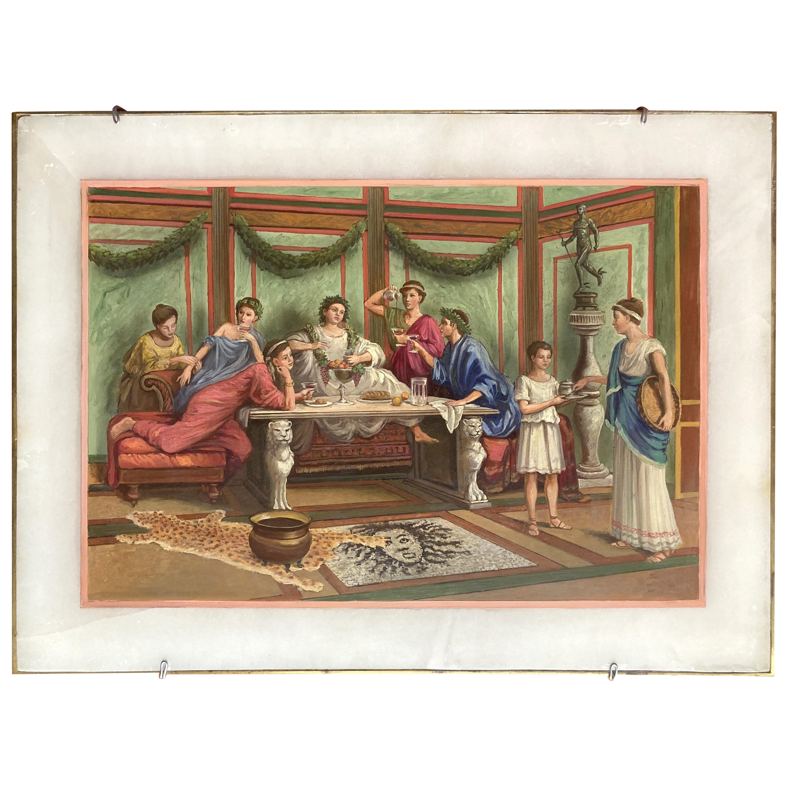 Pintura italiana al óleo sobre alabastro del siglo XIX Escena interior pompeyana en ormolu