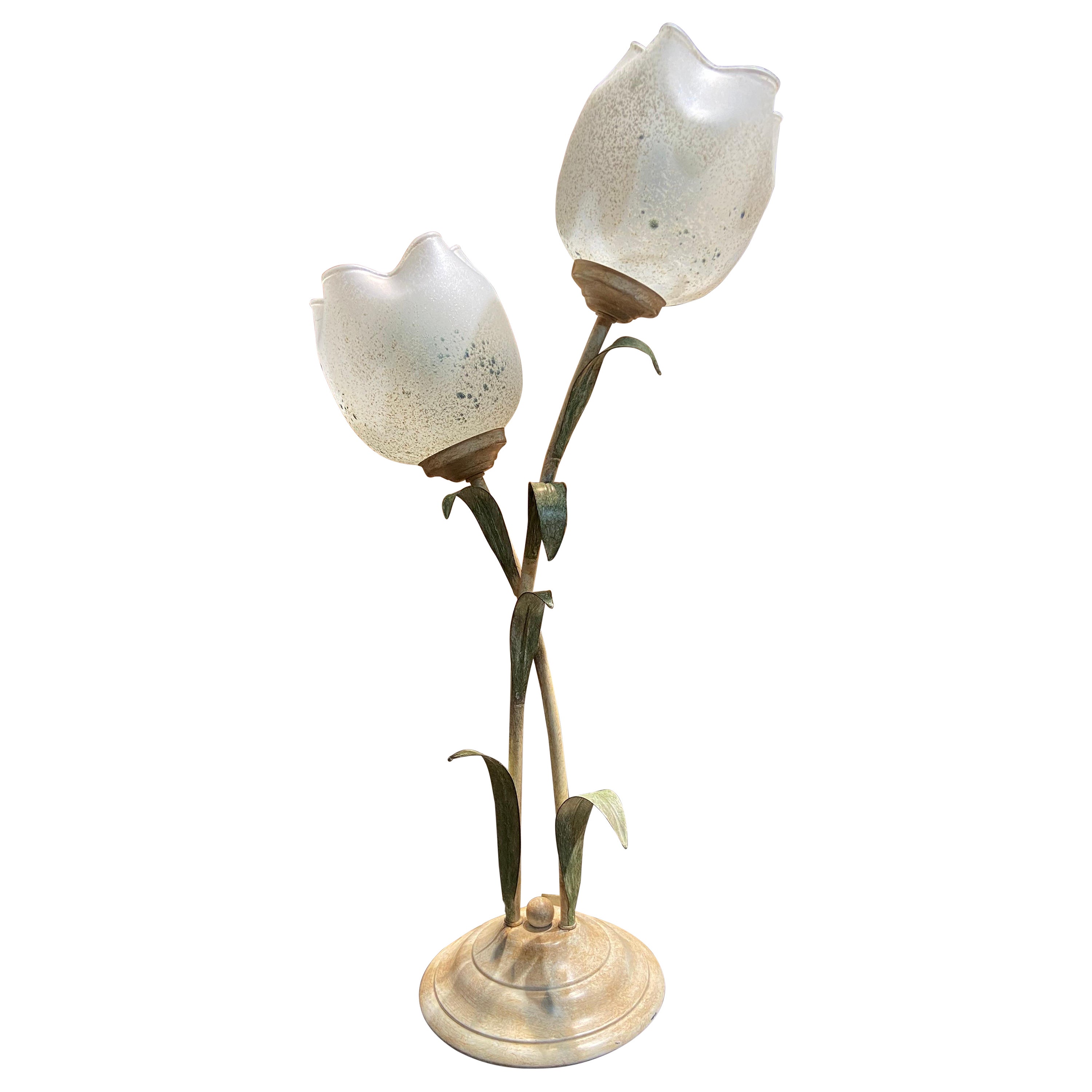 20th Century French Hand Made Table Lamp with Pair of Glass Tulips For Sale