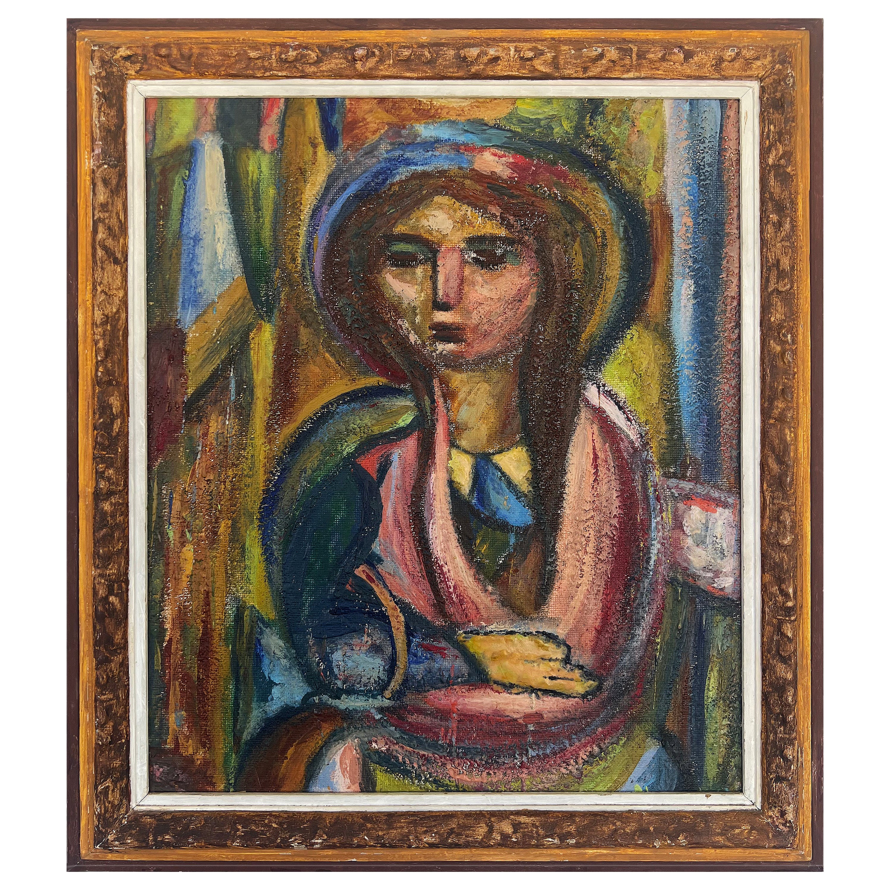 Abstraktes kubistisches Ölgemälde einer Frau aus der Mitte des Jahrhunderts, Vintage