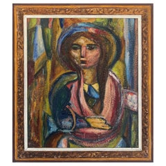 Vintage Mid-Century Abstract Cubist Oil Painting of a Woman