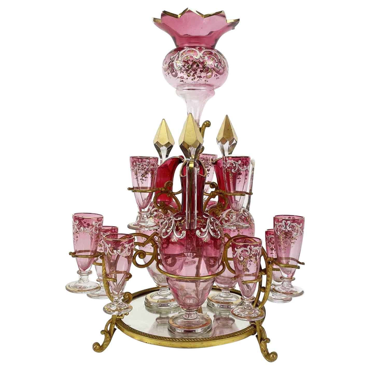 19th Century Italian Parcel Gilt and Rose Glass Liqueur Set Tantalus