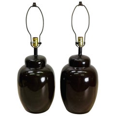 1970s Brown Ceramic Barrel Table Lamps, Pair