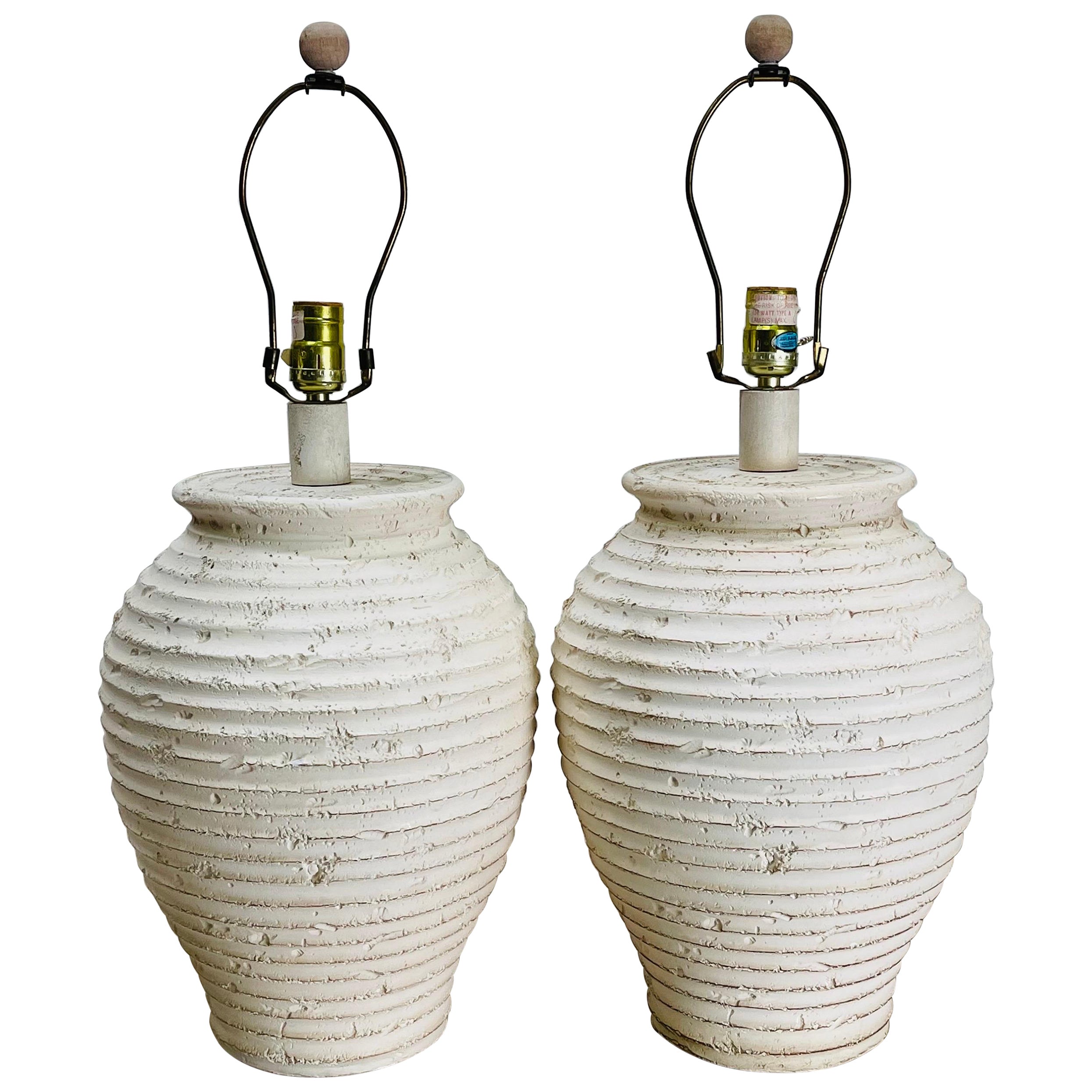 1980s Ribbed White Pottery Table Lamps, Pair