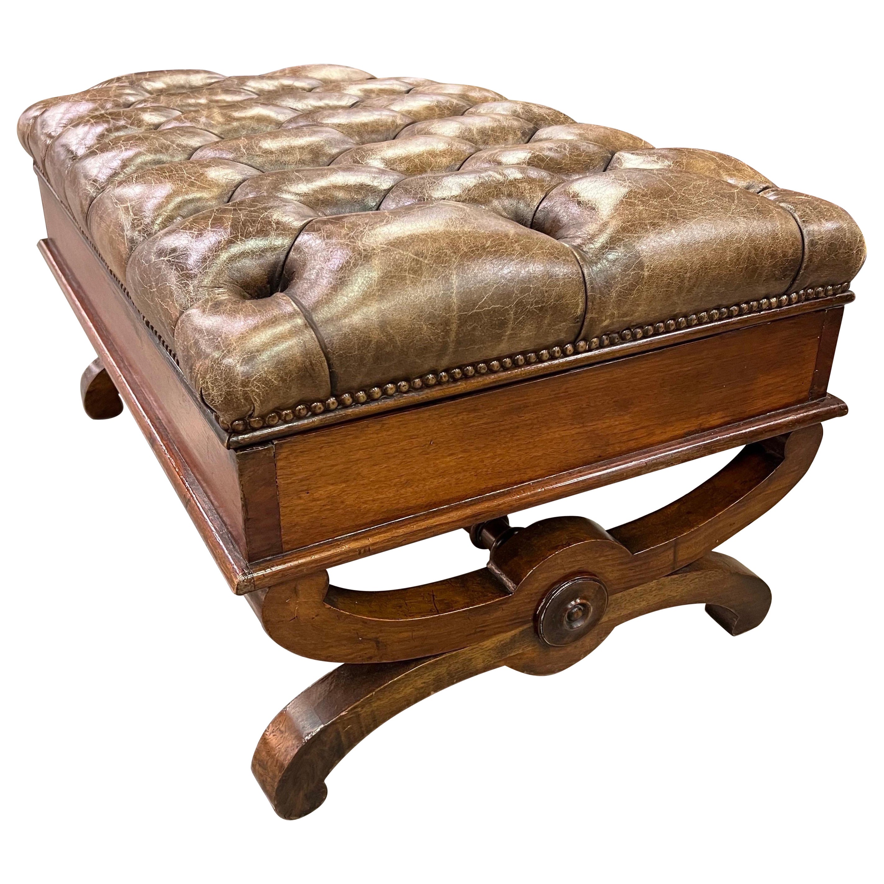 19th Century, English Mahogany and Tufted Leather Ottoman with Storage