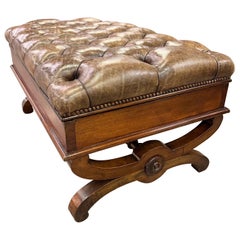 Antique 19th Century, English Mahogany and Tufted Leather Ottoman with Storage