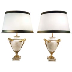 Antique Pair of Belle Epoch Alabaster and Gilt Bronze Table Lamps