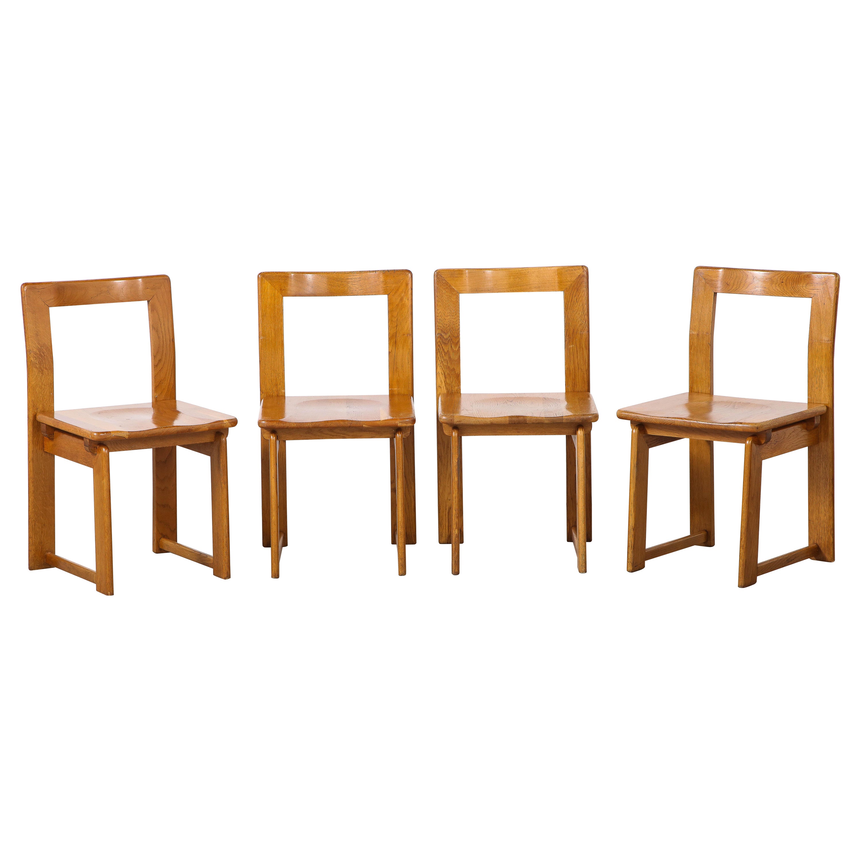 Italian Set of Four Rustic Oak Dining Chairs 