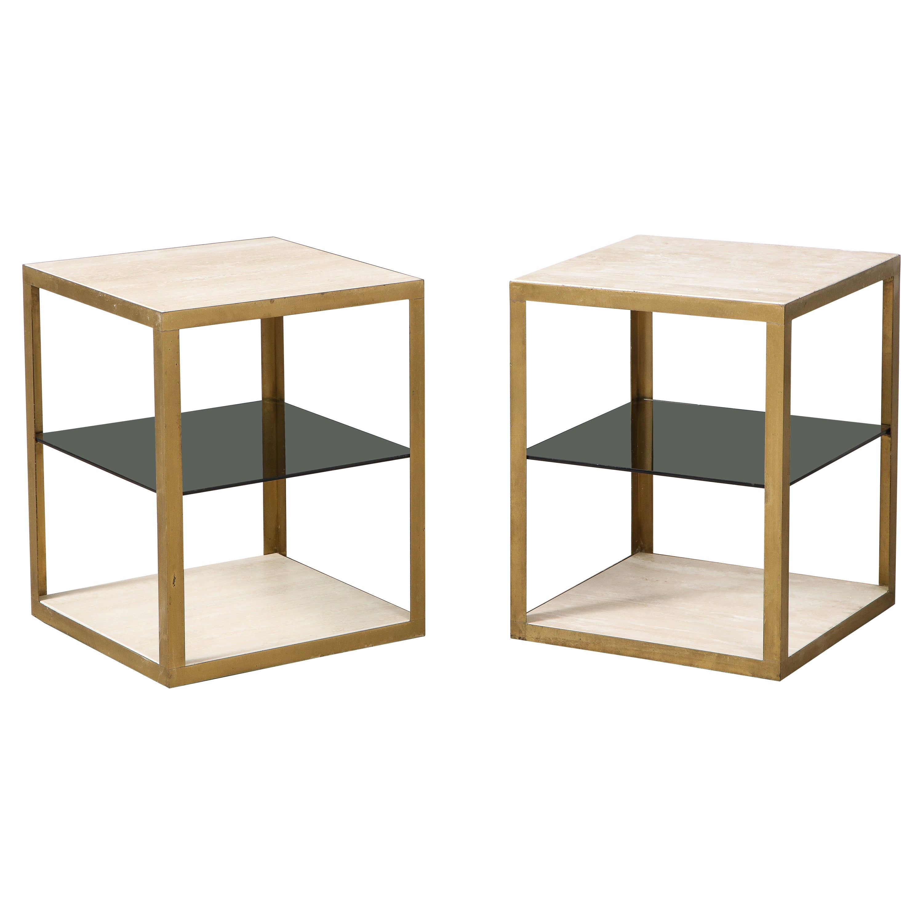 Pair of Italian 1970's Travertine and Smoked Glass Side Tables