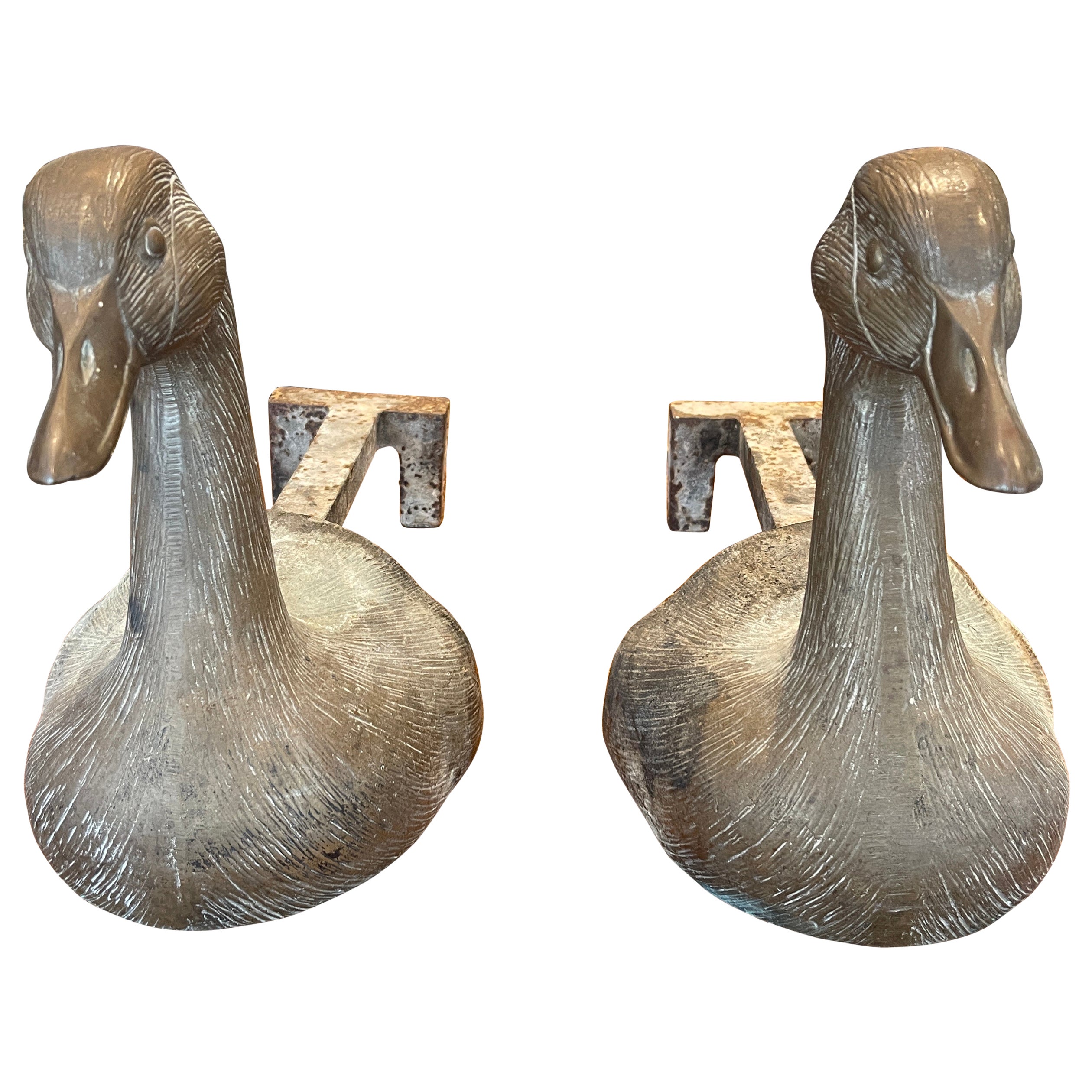 Pair of Bronze Duck Andirons, Early 20th Century 