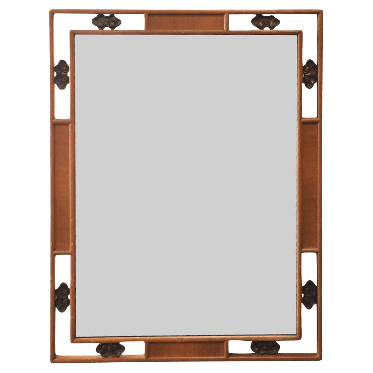 High Style Mid-Century Bronze and Hardwood Wall Mirror